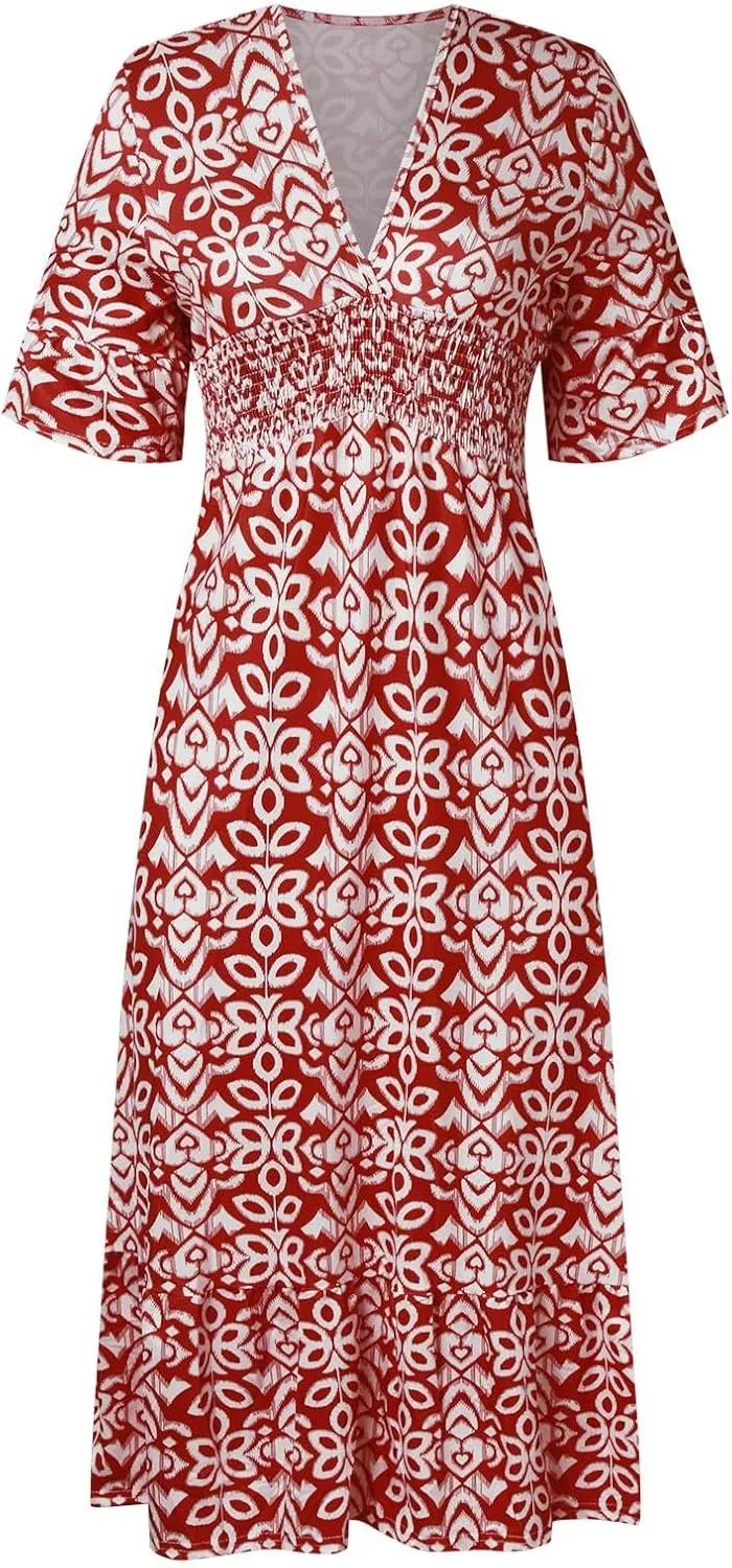 Womens Summer Maxi Dresses V Neck Floral Print Long Swing Dress 3/4 Sleeve Loose Casual Boho Beach Sun Dress
