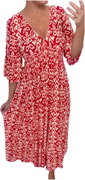 Womens Summer Maxi Dresses V Neck Floral Print Long Swing Dress 3/4 Sleeve Loose Casual Boho Beach Sun Dress