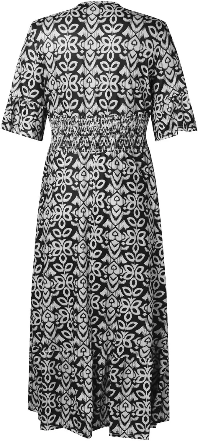 Womens Summer Maxi Dresses V Neck Floral Print Long Swing Dress 3/4 Sleeve Loose Casual Boho Beach Sun Dress