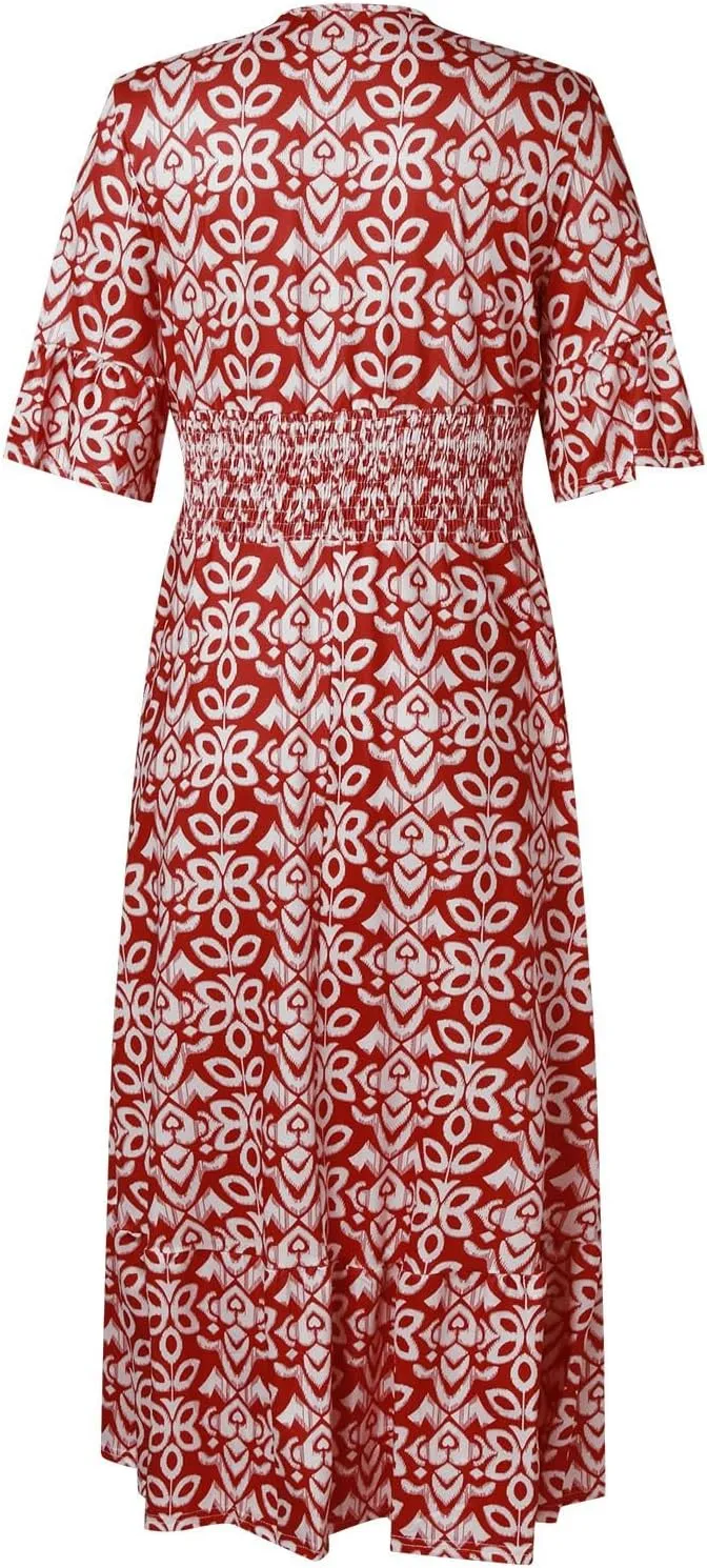 Womens Summer Maxi Dresses V Neck Floral Print Long Swing Dress 3/4 Sleeve Loose Casual Boho Beach Sun Dress