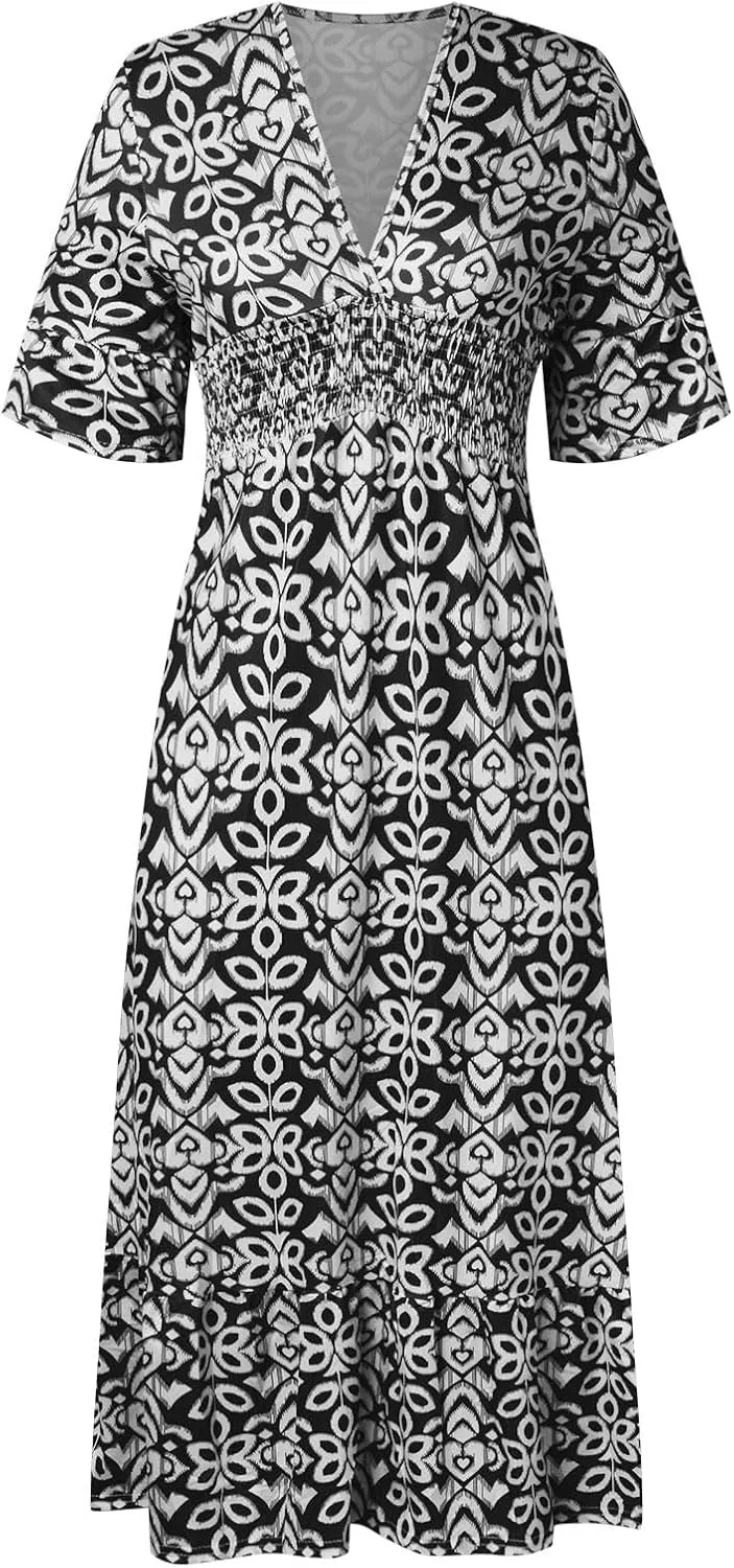 Womens Summer Maxi Dresses V Neck Floral Print Long Swing Dress 3/4 Sleeve Loose Casual Boho Beach Sun Dress