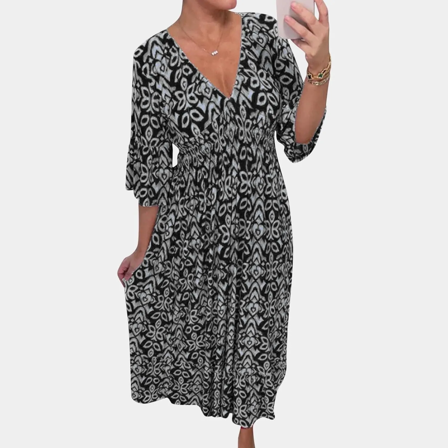 Womens Summer Maxi Dresses V Neck Floral Print Long Swing Dress 3/4 Sleeve Loose Casual Boho Beach Sun Dress