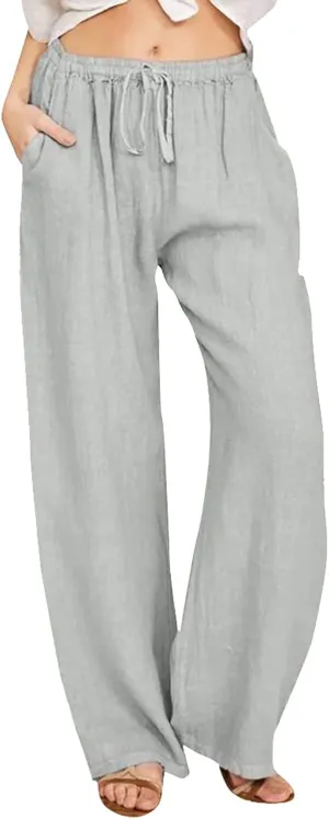 Women's Summer Pants, Linen Joggers for Women Flowy Beach Pants with Pockets Gym Wide Leg Yoga Pants Hawaii Travel Trousers