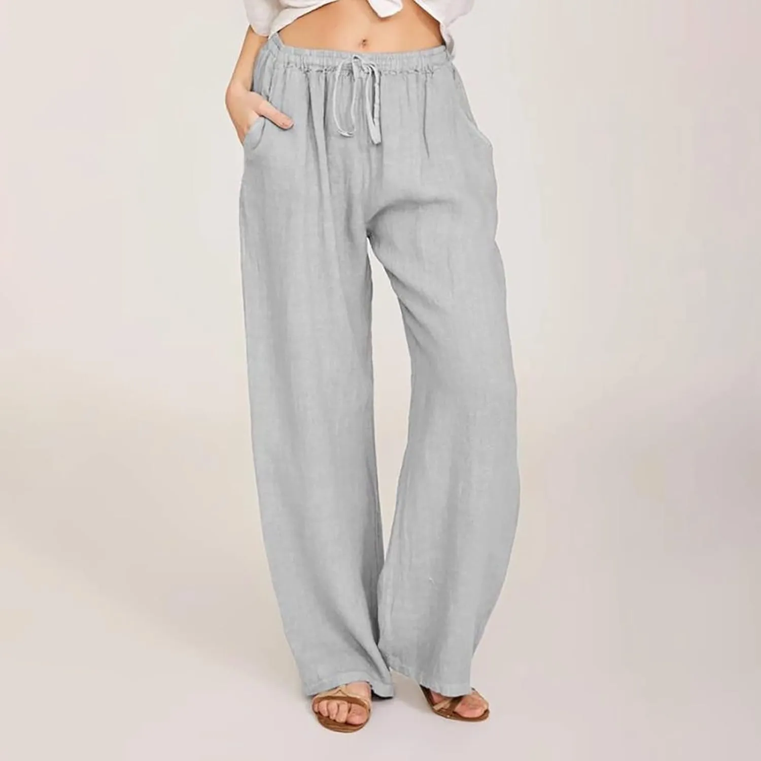 Women's Summer Pants, Linen Joggers for Women Flowy Beach Pants with Pockets Gym Wide Leg Yoga Pants Hawaii Travel Trousers