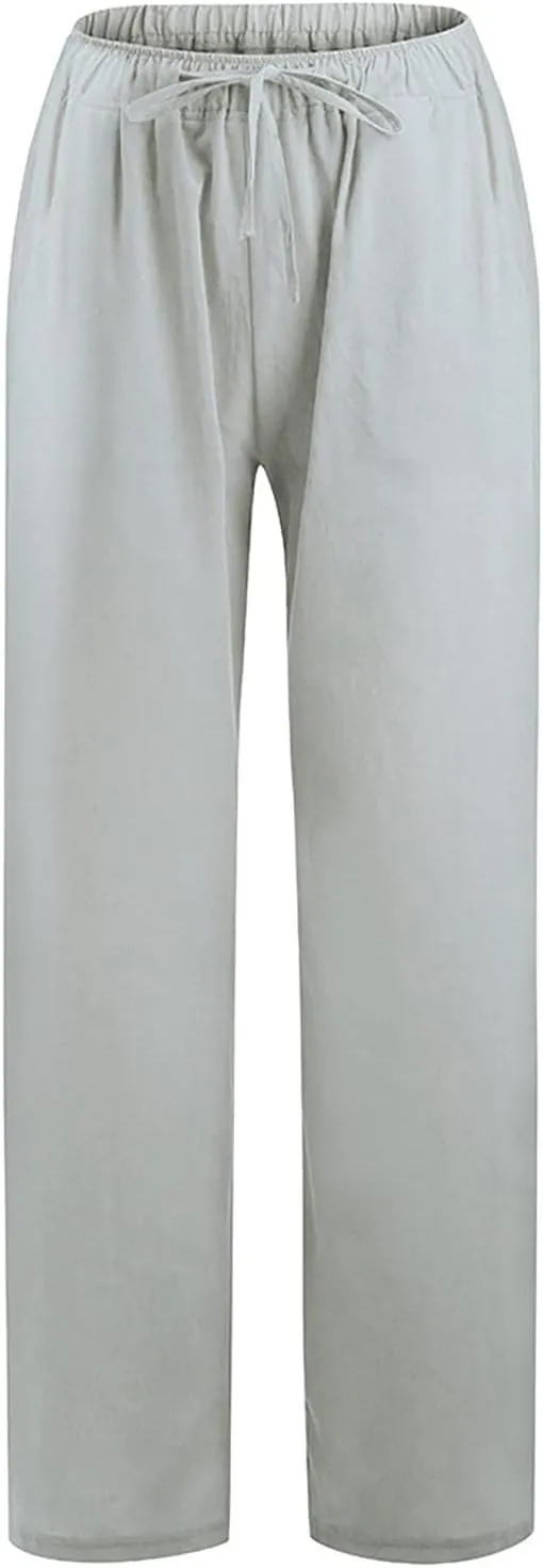 Women's Summer Pants, Linen Joggers for Women Flowy Beach Pants with Pockets Gym Wide Leg Yoga Pants Hawaii Travel Trousers