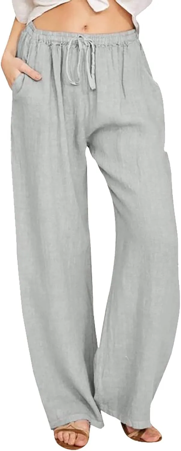 Women's Summer Pants, Linen Joggers for Women Flowy Beach Pants with Pockets Gym Wide Leg Yoga Pants Hawaii Travel Trousers