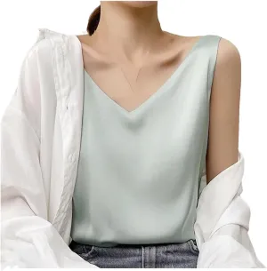 Women's Summer Satin Silk Tank Tops V Neck Camisole Cami Loose Sleeveless Top