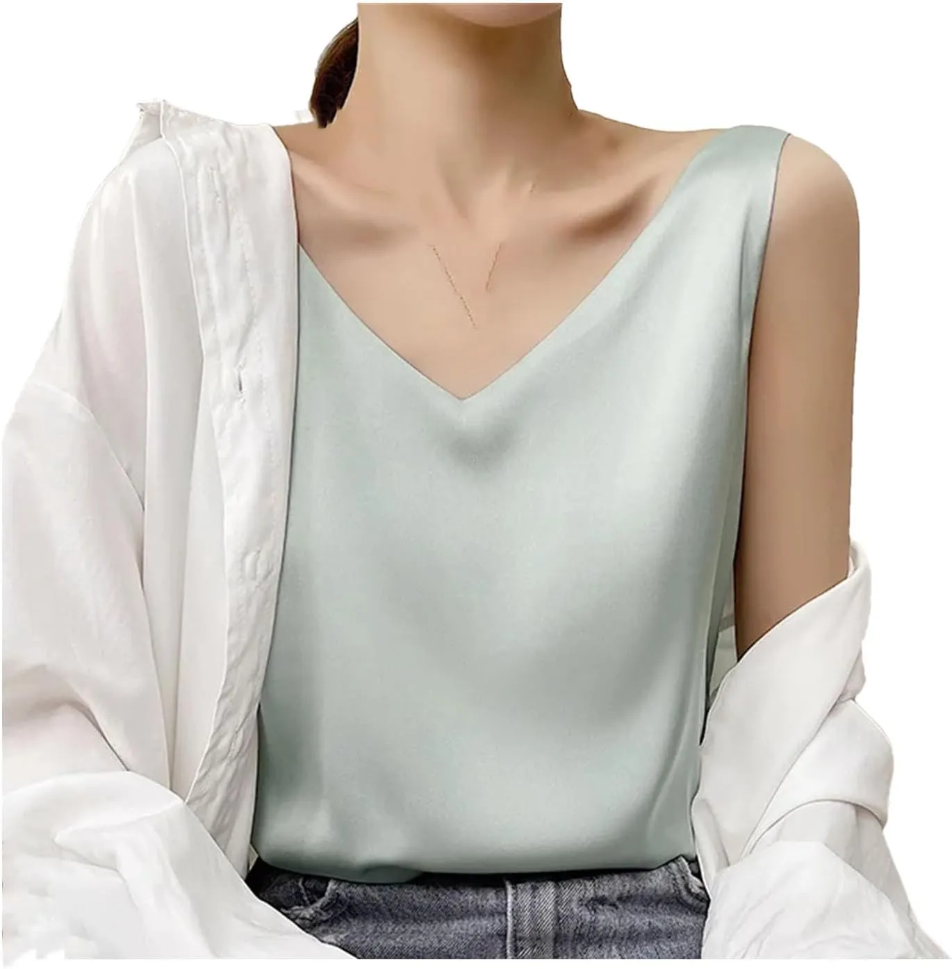 Women's Summer Satin Silk Tank Tops V Neck Camisole Cami Loose Sleeveless Top