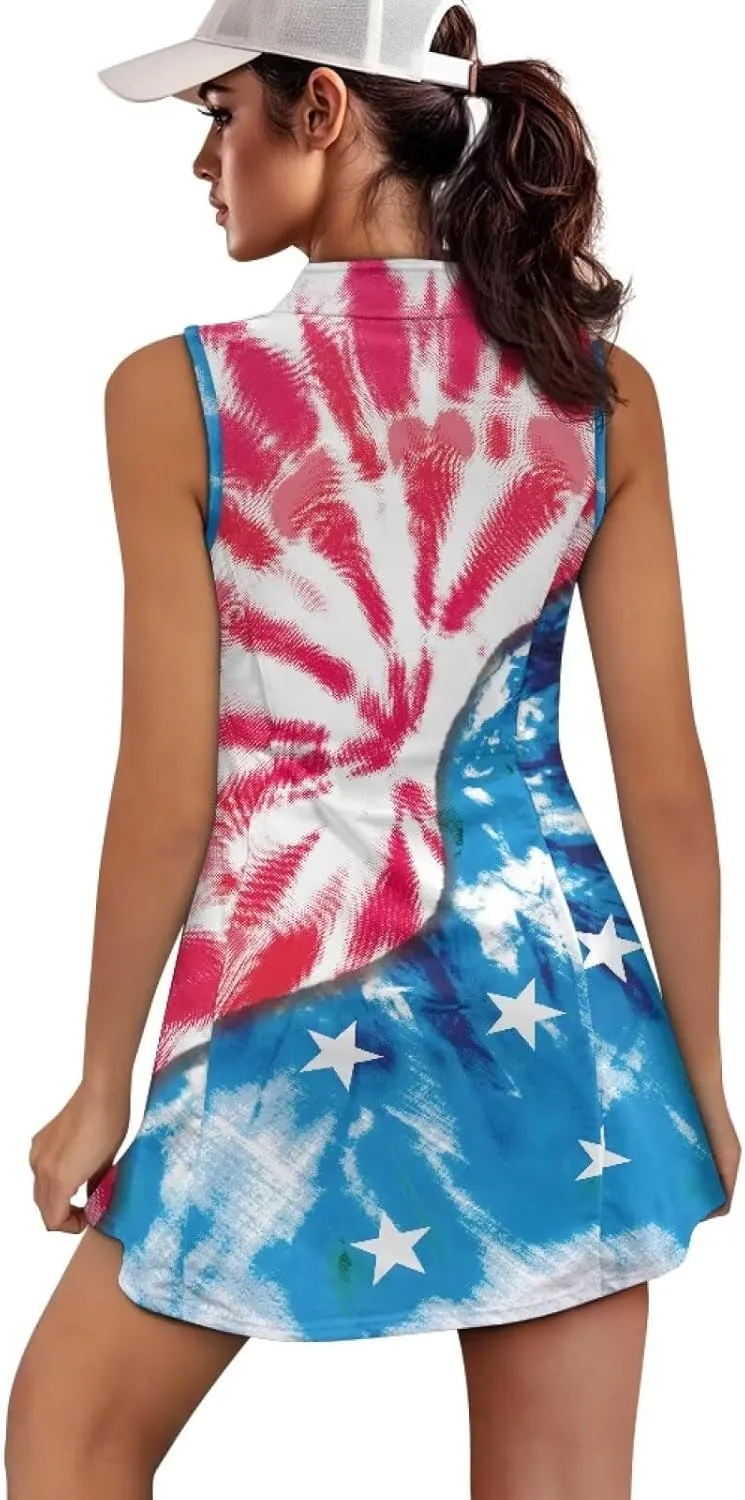 Women's Tennis Golf Dresses with Built in Shorts and Pockets Zip Up Athletic Sleeveless Dress Workout Activewear