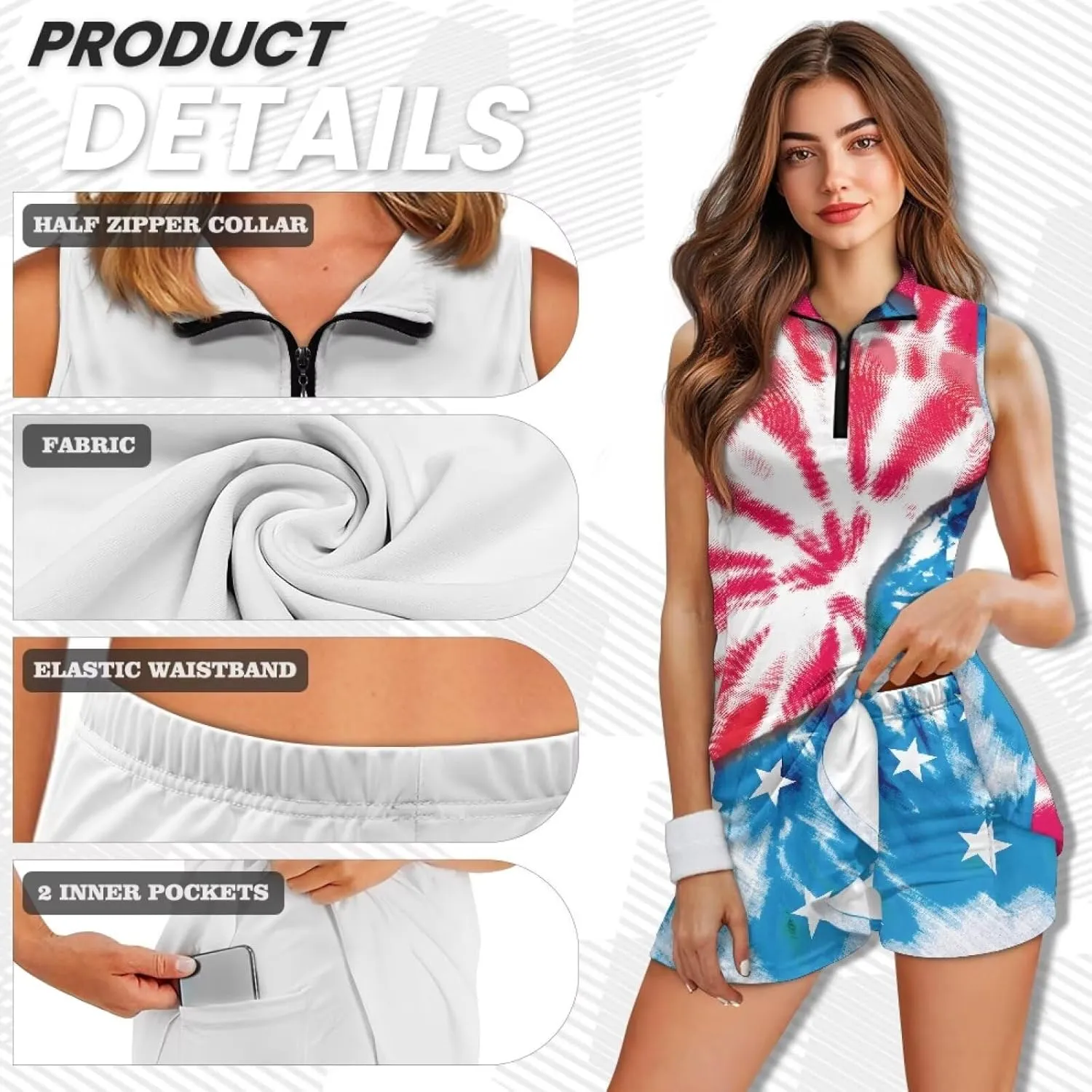 Women's Tennis Golf Dresses with Built in Shorts and Pockets Zip Up Athletic Sleeveless Dress Workout Activewear