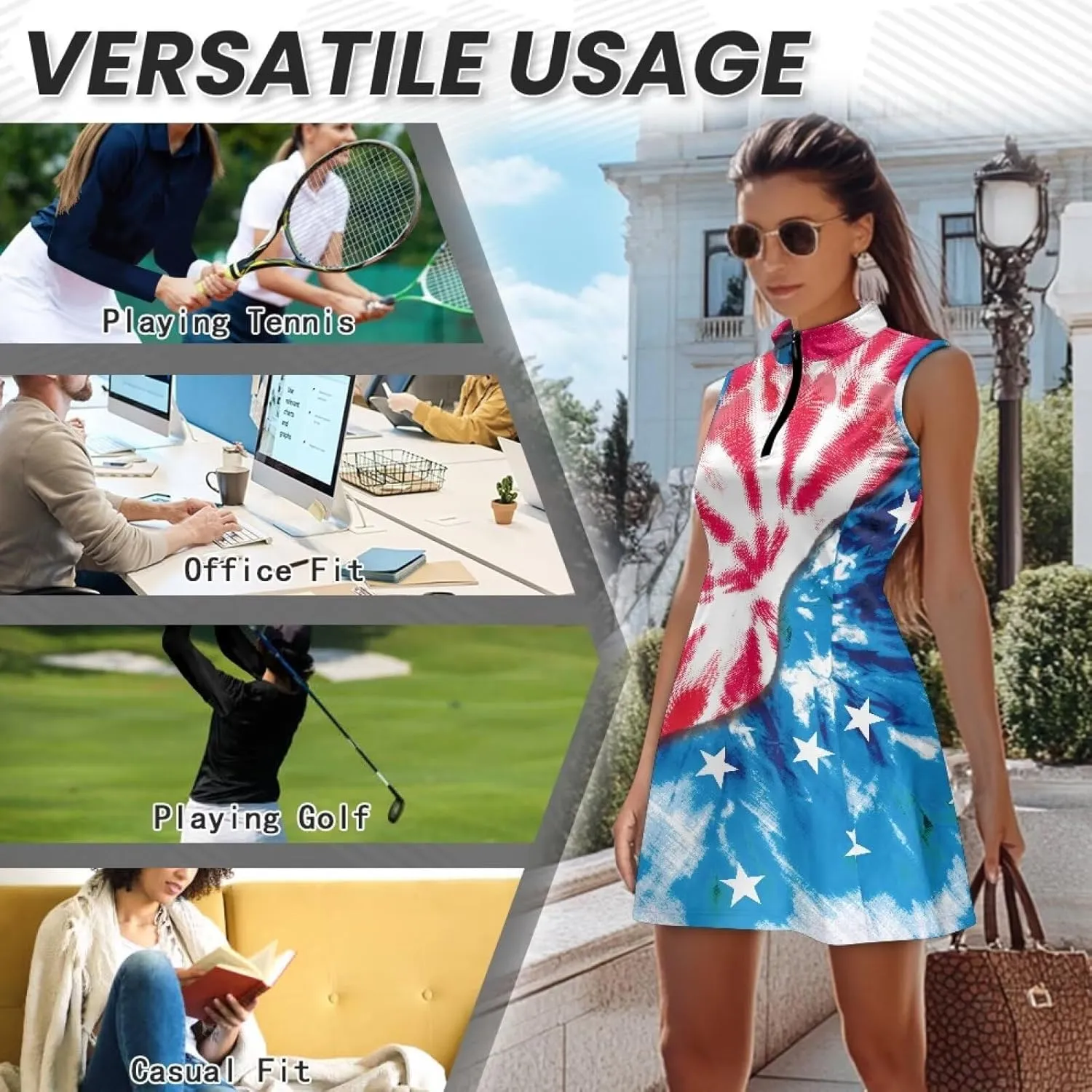 Women's Tennis Golf Dresses with Built in Shorts and Pockets Zip Up Athletic Sleeveless Dress Workout Activewear