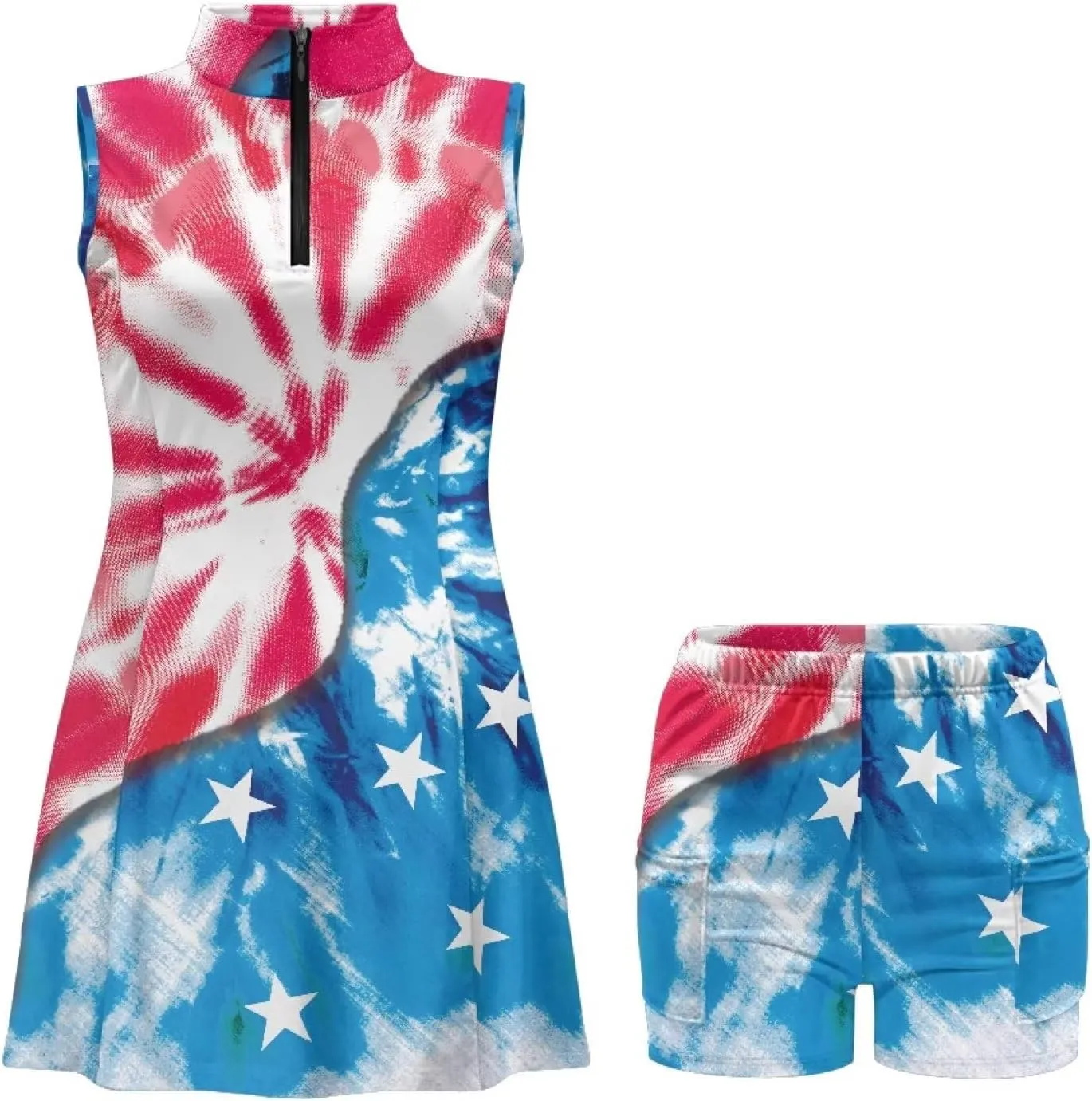 Women's Tennis Golf Dresses with Built in Shorts and Pockets Zip Up Athletic Sleeveless Dress Workout Activewear