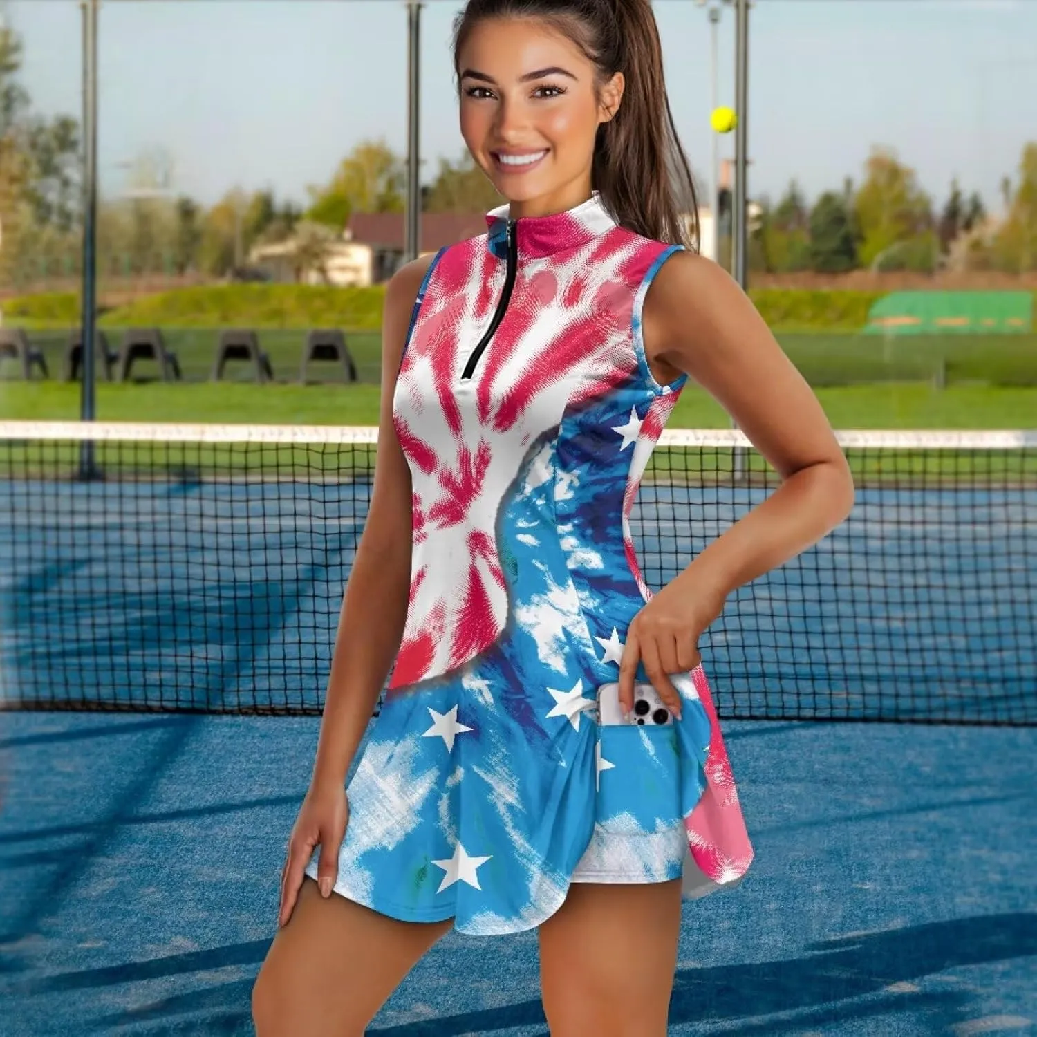 Women's Tennis Golf Dresses with Built in Shorts and Pockets Zip Up Athletic Sleeveless Dress Workout Activewear