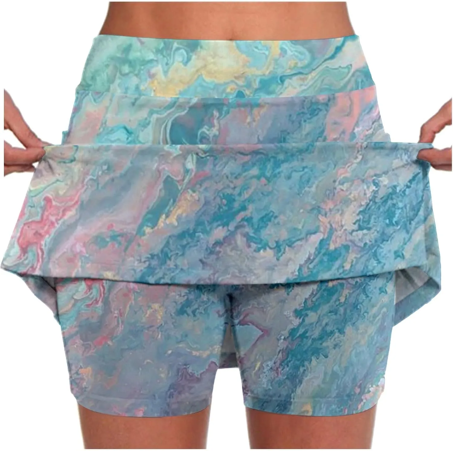 Women's Tennis Mini Skirts Casual High Waisted Elastic Tie Dye Skorts Summer Workout Built in Shorts Skirt with Pockets