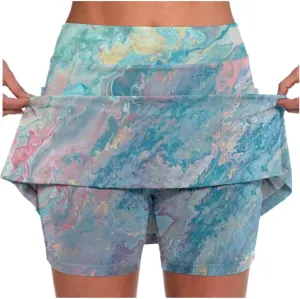 Women's Tennis Mini Skirts Casual High Waisted Elastic Tie Dye Skorts Summer Workout Built in Shorts Skirt with Pockets