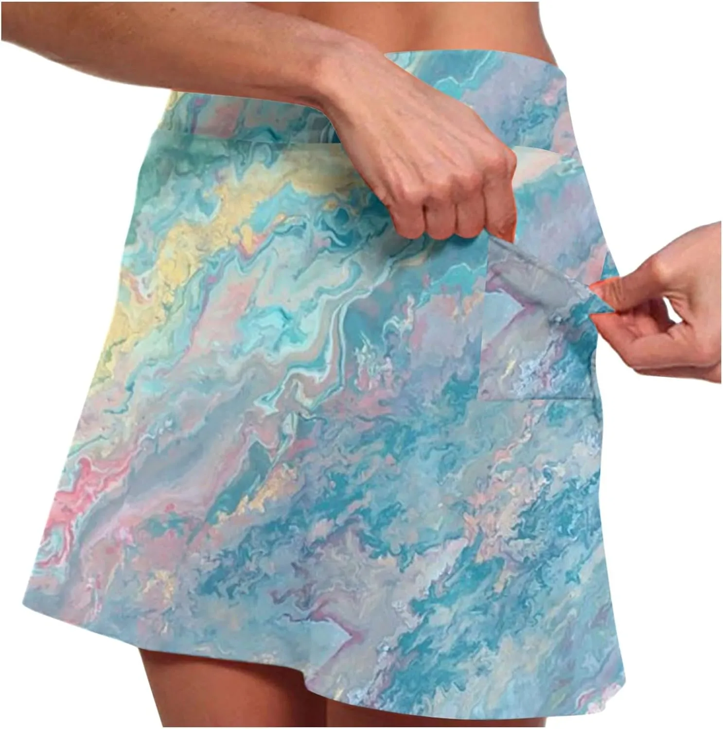 Women's Tennis Mini Skirts Casual High Waisted Elastic Tie Dye Skorts Summer Workout Built in Shorts Skirt with Pockets
