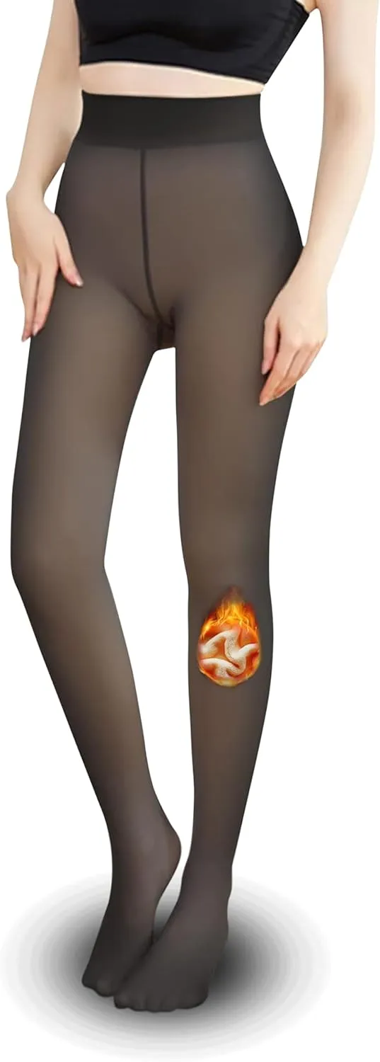 Womens Thermal Fleece Lined Leggings Ultra Cozy Warm Magic Fake Sheer Illusion Tights That Look Like Pantyhose Opaque Stockings Skin Tone Footless Under Dress Winter Black and Nude for Women