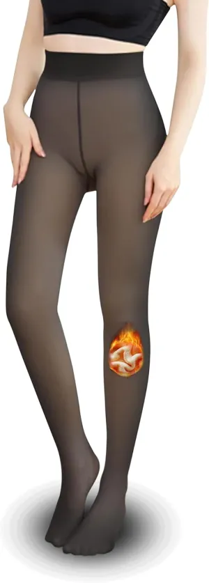 Womens Thermal Fleece Lined Leggings Ultra Cozy Warm Magic Fake Sheer Illusion Tights That Look Like Pantyhose Opaque Stockings Skin Tone Footless Under Dress Winter Black and Nude for Women