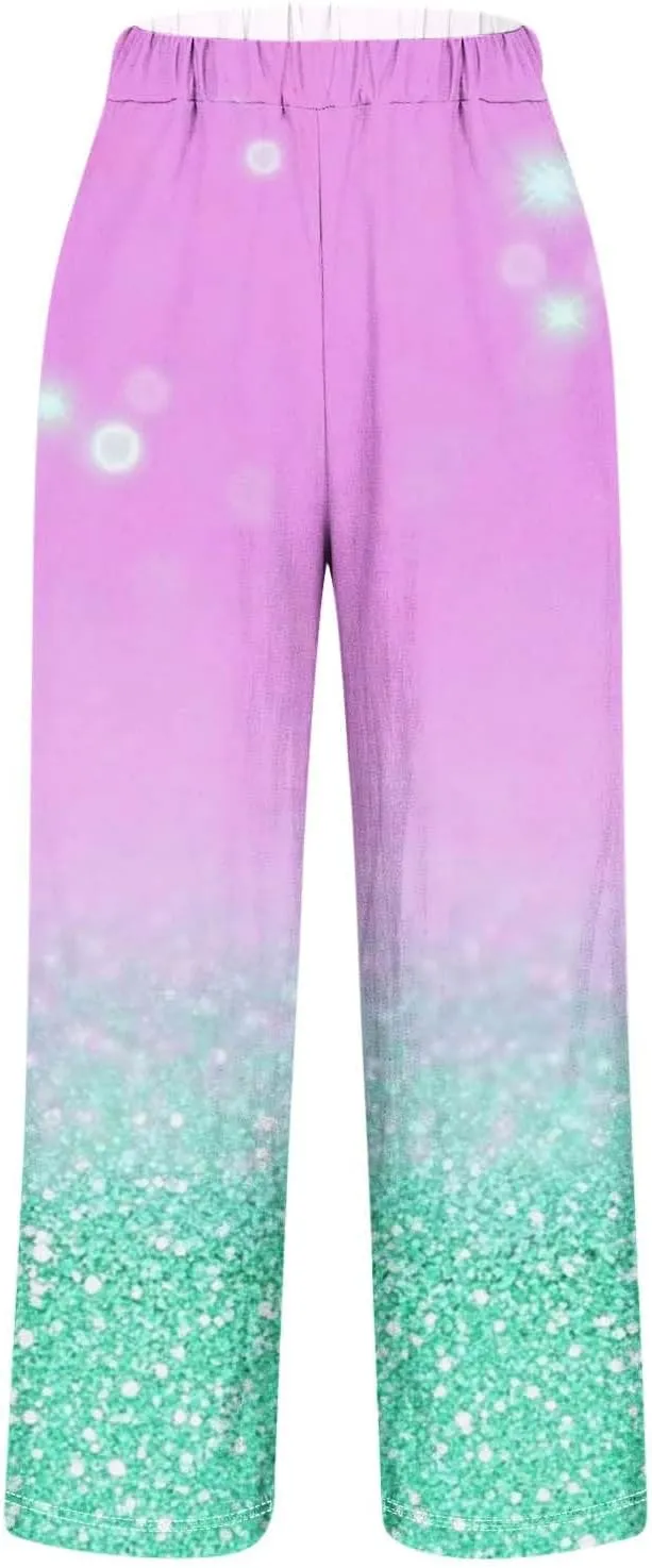 Womens Trendy Printed Linen Pants Summer High Elastic Waisted Long Pants Casual Straight Leg Trousers with Pockets