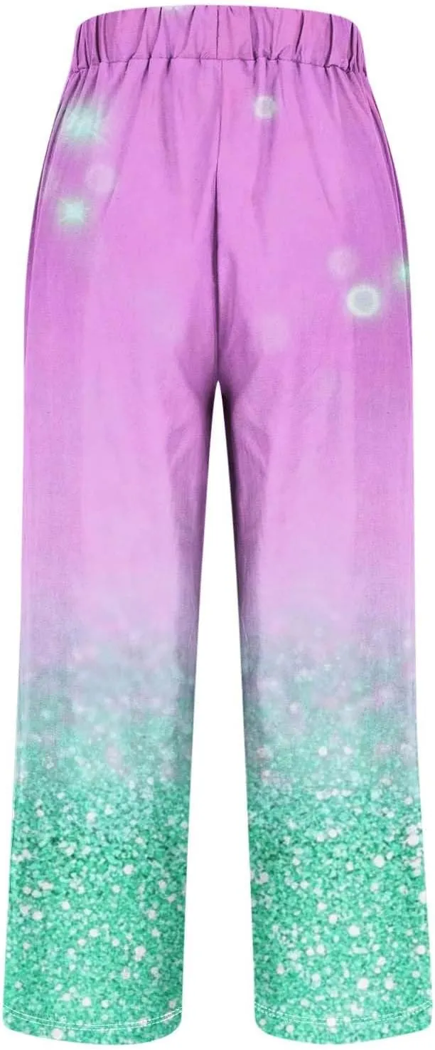 Womens Trendy Printed Linen Pants Summer High Elastic Waisted Long Pants Casual Straight Leg Trousers with Pockets