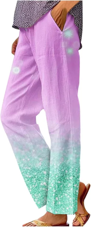 Womens Trendy Printed Linen Pants Summer High Elastic Waisted Long Pants Casual Straight Leg Trousers with Pockets