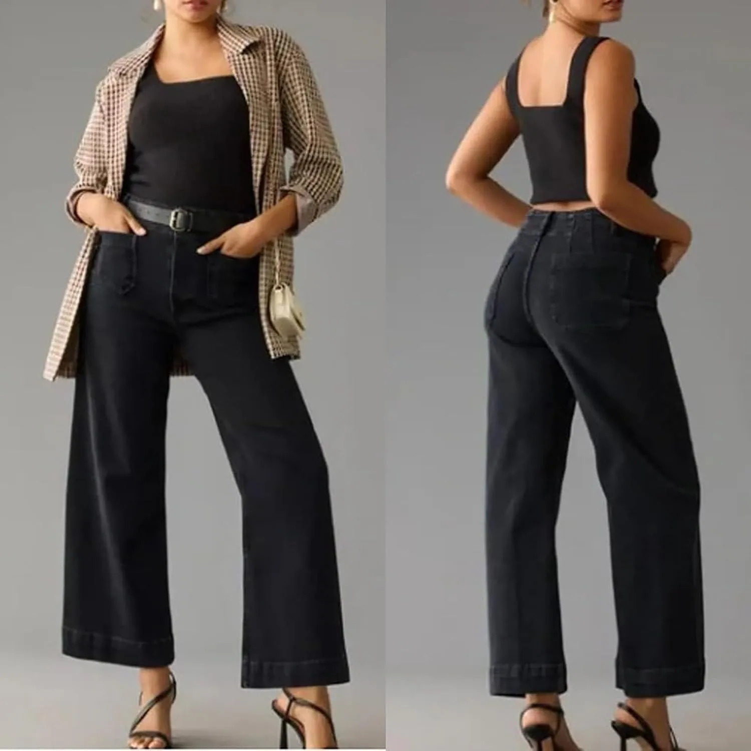 Women's Wide Leg Jeans Elastic High Waisted Palazzo Pants Trendy Loose Fit Dressy Casual Work Pants with Pockets