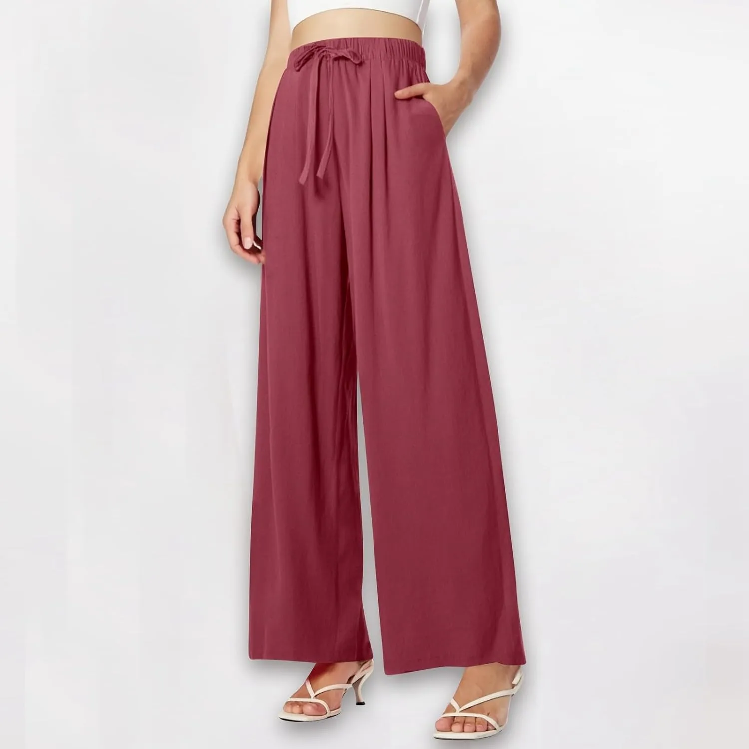Womens Wide Leg Linen Pants Summer Drawstring Elastic Waist Palazzo Pants Soft Comfy Summer Beach Trousers Pockets