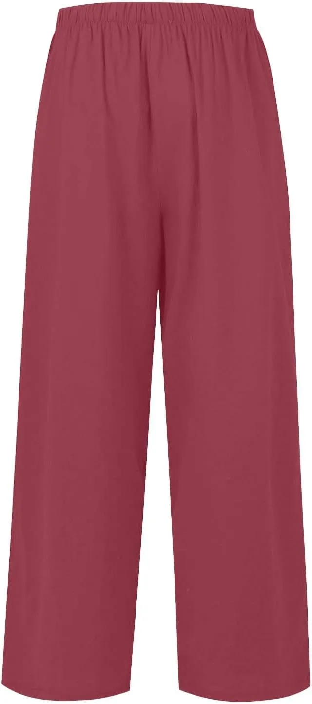 Womens Wide Leg Linen Pants Summer Drawstring Elastic Waist Palazzo Pants Soft Comfy Summer Beach Trousers Pockets