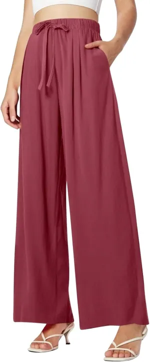 Womens Wide Leg Linen Pants Summer Drawstring Elastic Waist Palazzo Pants Soft Comfy Summer Beach Trousers Pockets