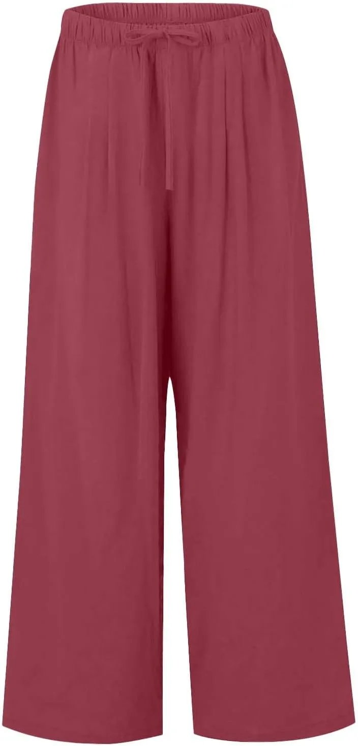 Womens Wide Leg Linen Pants Summer Drawstring Elastic Waist Palazzo Pants Soft Comfy Summer Beach Trousers Pockets
