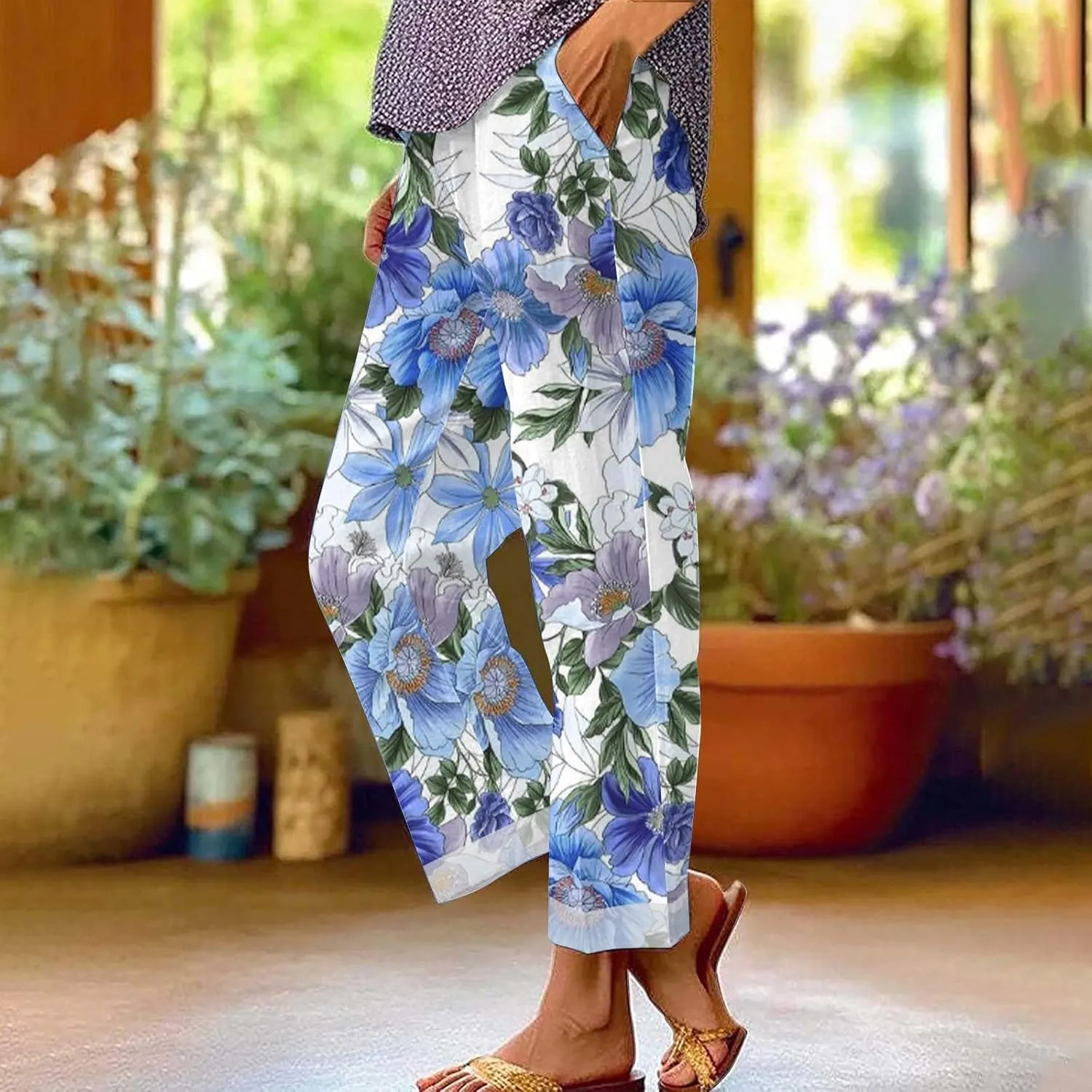 Womens Wide Leg Pants Loose Pocket Casual Cotton and Linen Pants High Waist Adjustable Knot Loose Casual Trousers