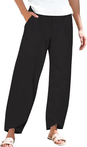 Women's Wide Leg Pants with Pockets Work Pants with Pockets Elastic High Waist Paper Summer Boho Wide Leg High Waist