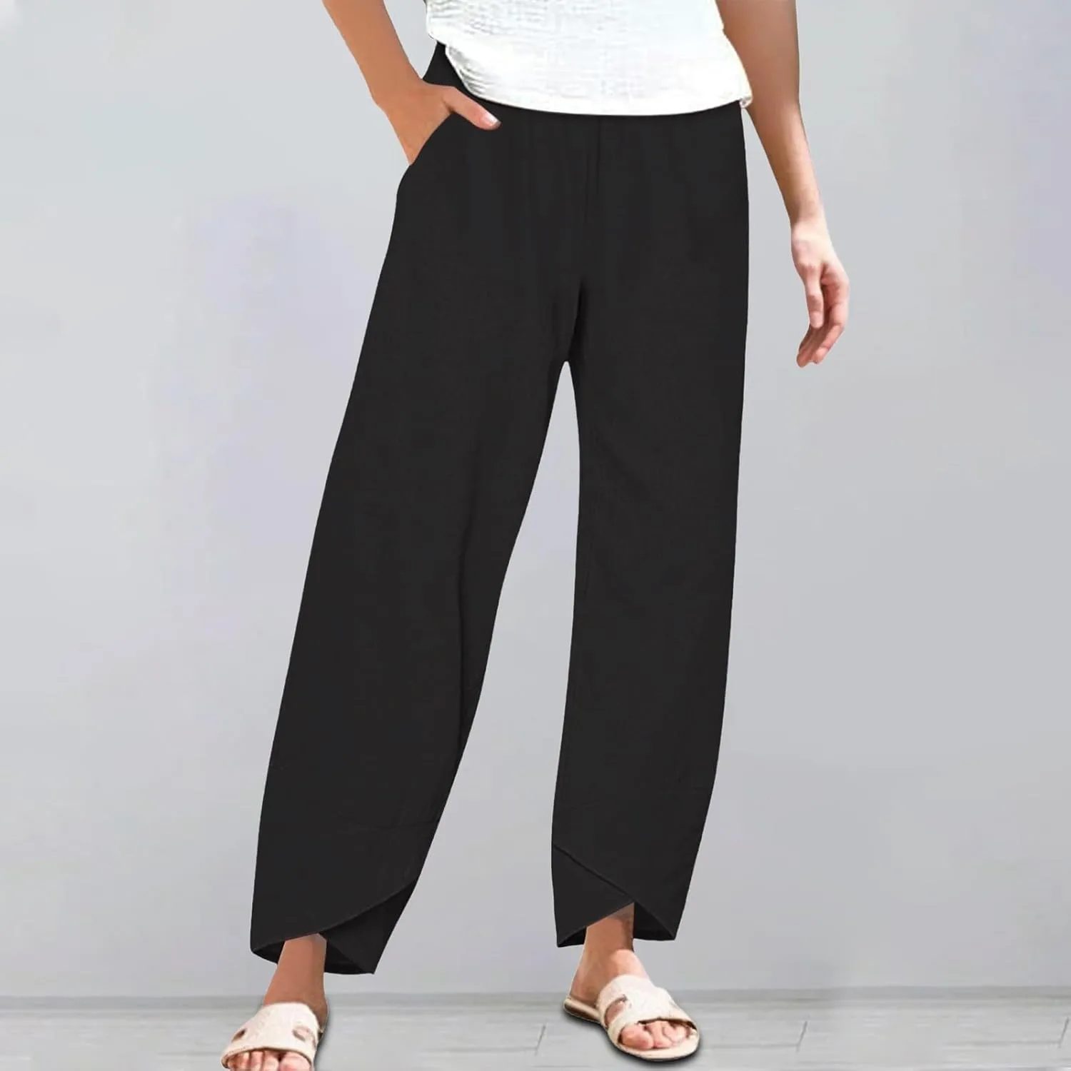 Women's Wide Leg Pants with Pockets Work Pants with Pockets Elastic High Waist Paper Summer Boho Wide Leg High Waist