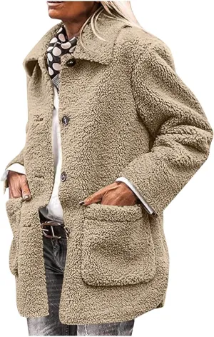 Womens Winter Coats Lapel Button Down Sherpa Jacket Long Sleeve Faux Fur Coats Fleece Jacket Outerwear with Pockets