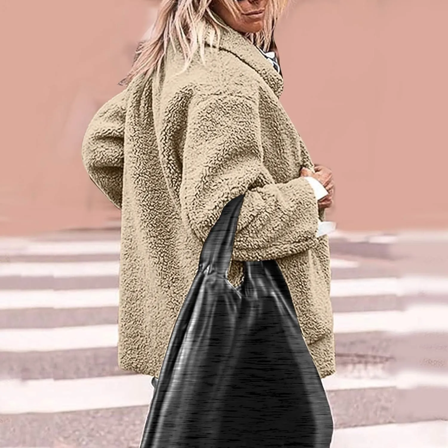 Womens Winter Coats Lapel Button Down Sherpa Jacket Long Sleeve Faux Fur Coats Fleece Jacket Outerwear with Pockets