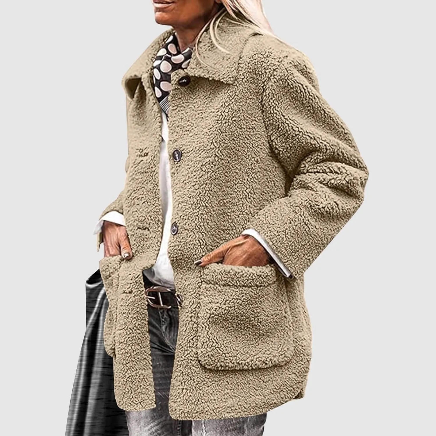 Womens Winter Coats Lapel Button Down Sherpa Jacket Long Sleeve Faux Fur Coats Fleece Jacket Outerwear with Pockets