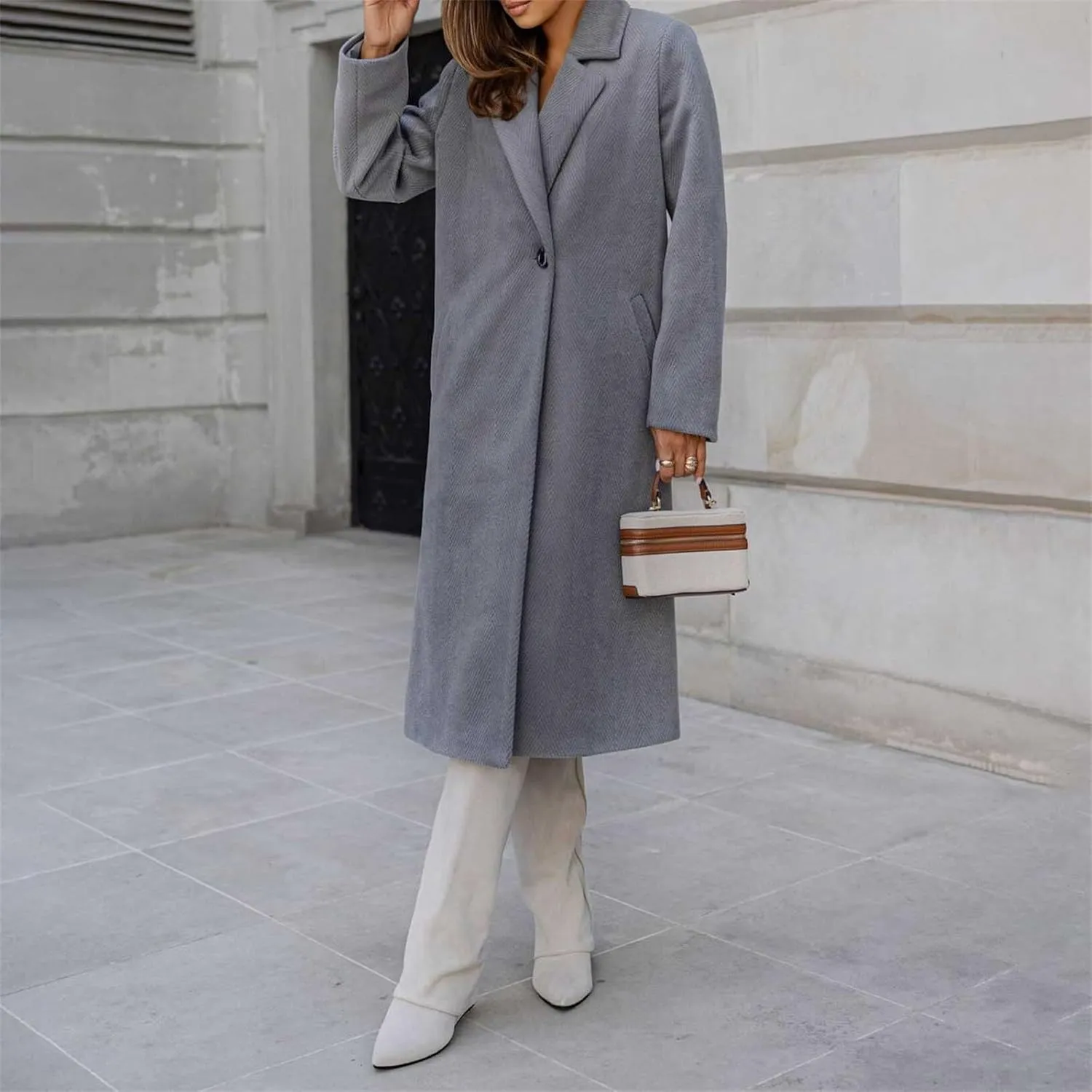 Womens Winter Long Pea Coat Retro Lapel Collar Single Breasted Maxi Long Peacoat Jacket Elegant Office Work Overcoat