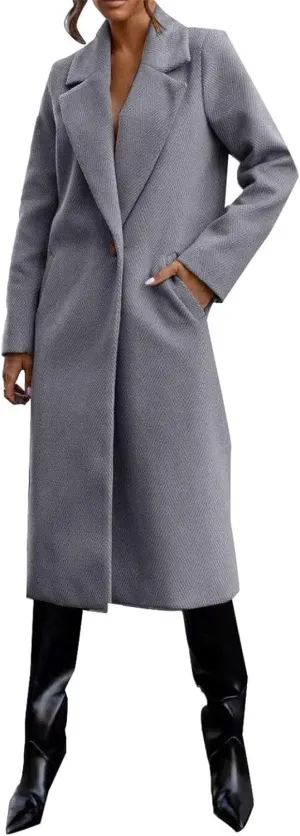 Womens Winter Long Pea Coat Retro Lapel Collar Single Breasted Maxi Long Peacoat Jacket Elegant Office Work Overcoat