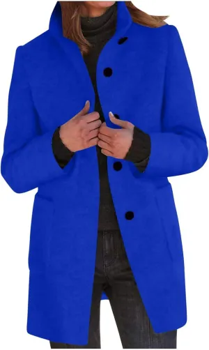 Womens Wool Blend Trench Coat Lightweight Button Down Open Front Pea Coat Cozy Warm Stand Collar Outerwear with Pocket