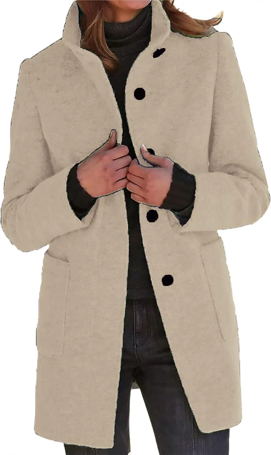 Womens Wool Blend Trench Coat Lightweight Button Down Open Front Pea Coat Cozy Warm Stand Collar Outerwear with Pocket