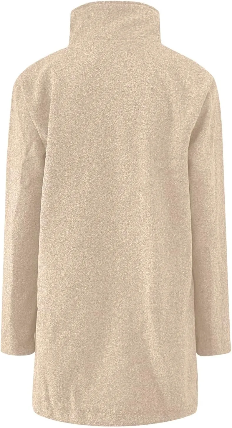Womens Wool Blend Trench Coat Lightweight Button Down Open Front Pea Coat Cozy Warm Stand Collar Outerwear with Pocket