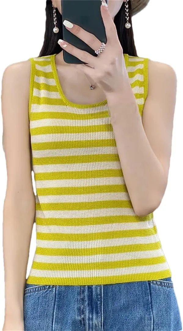 Wvapzxx Women's Wool Knitted Camisole Summer U-Neck Slim Fit Striped Tank Top