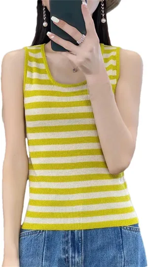 Wvapzxx Women's Wool Knitted Camisole Summer U-Neck Slim Fit Striped Tank Top