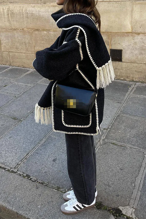 xiangtuibao Patchwork Scarf Collar Modern Tassel Coat