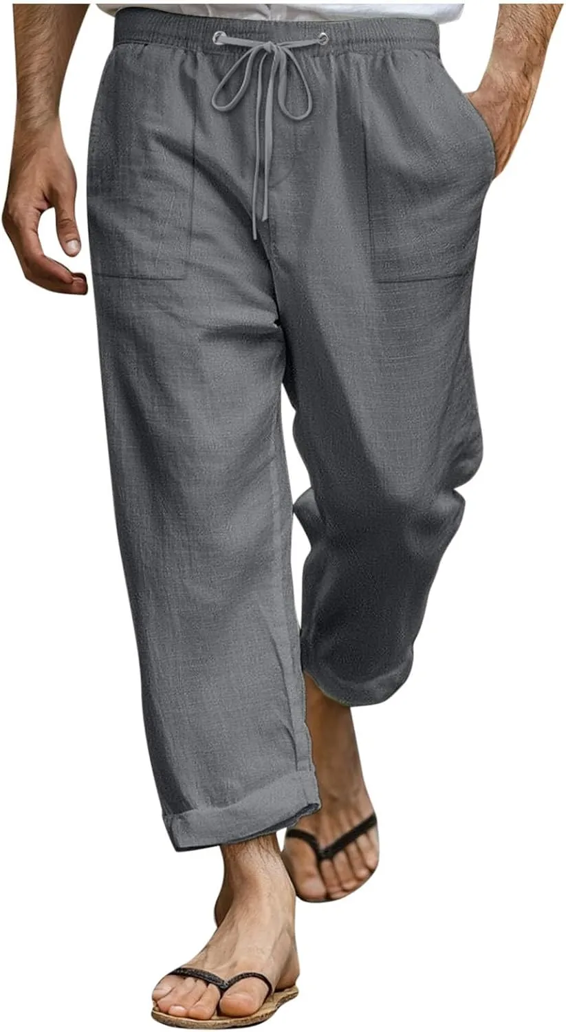 Xiaojmake Mens Cropped Elastic Waist Linen Pants Comfy Drawstring Slim with Pockets Daily Capris Pant Fashion Crop Trousers