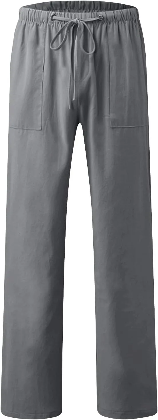 Xiaojmake Mens Cropped Elastic Waist Linen Pants Comfy Drawstring Slim with Pockets Daily Capris Pant Fashion Crop Trousers