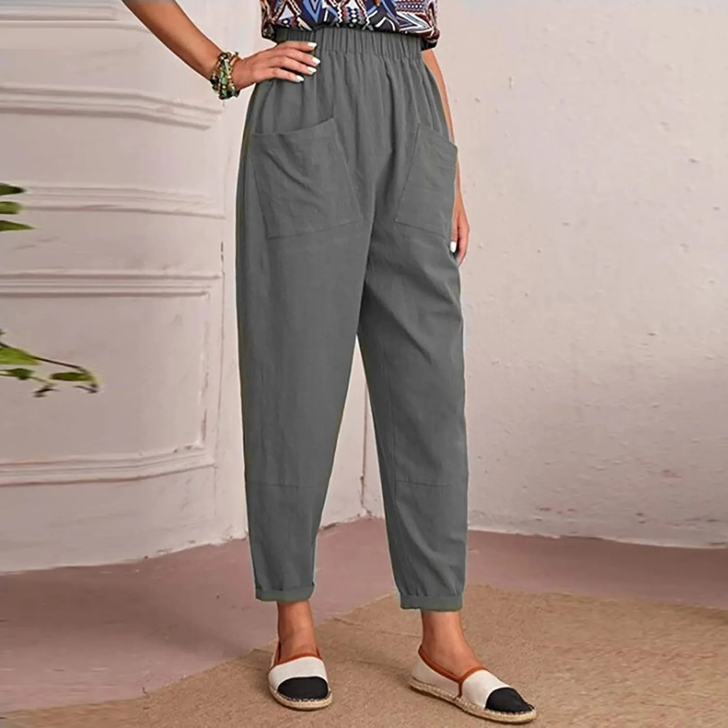 XUNRYAN Women's Capris Cotton Linen Pants Summer Casual Workout Comfy Lounge Pegged Palazzo Pants Trousers with Pockets