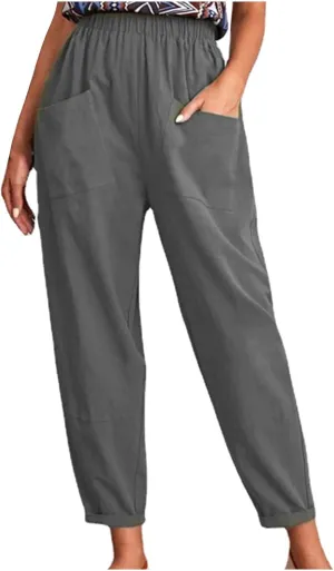 XUNRYAN Women's Capris Cotton Linen Pants Summer Casual Workout Comfy Lounge Pegged Palazzo Pants Trousers with Pockets