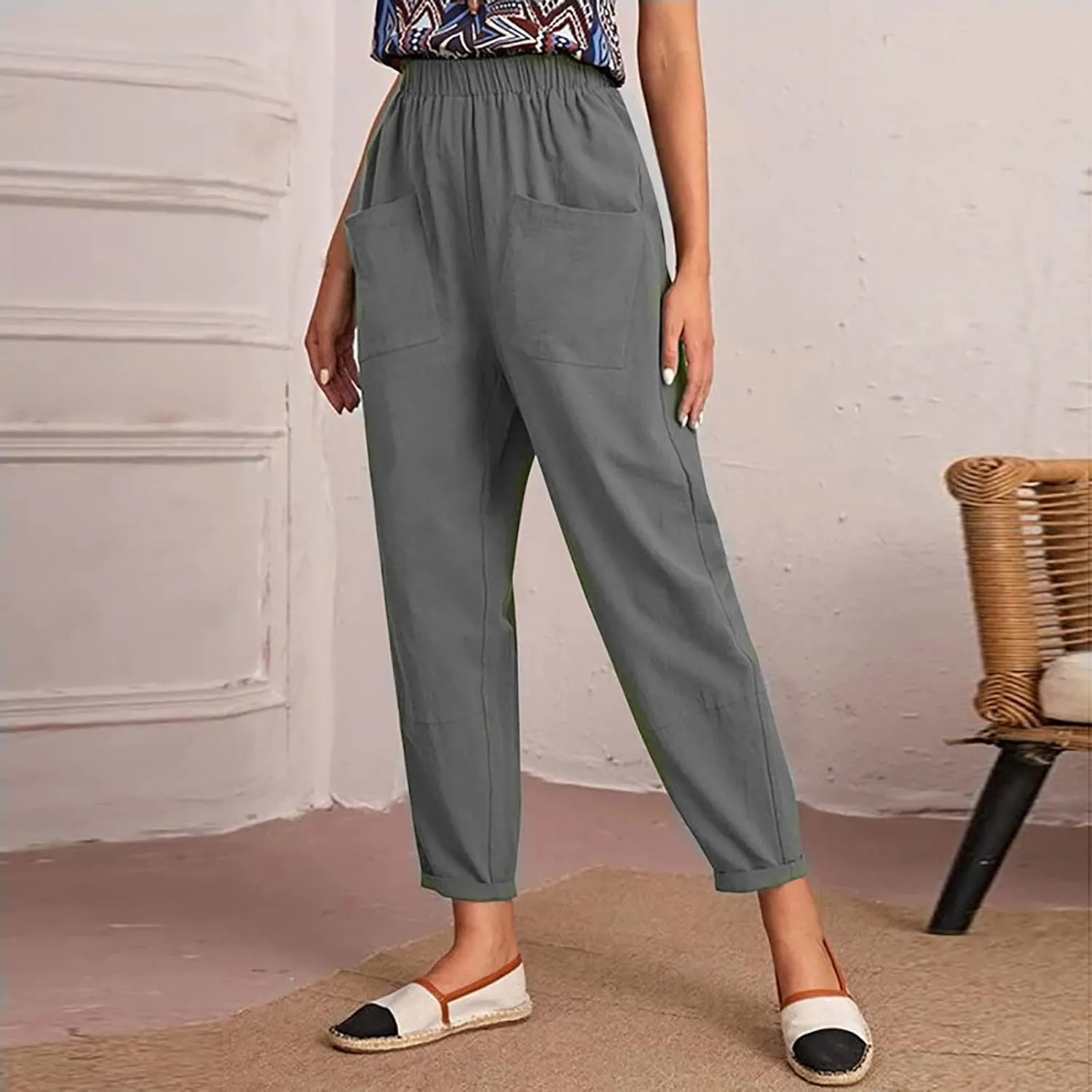 XUNRYAN Women's Capris Cotton Linen Pants Summer Casual Workout Comfy Lounge Pegged Palazzo Pants Trousers with Pockets
