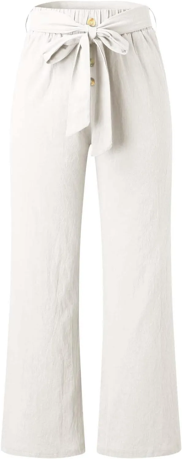 YOLAI Womens Button Down Cotton Linen Pant High Waist Casual Business Work Trousers Summer Lightweight Wide Leg Trousers